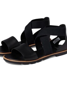 Sorel Black Sandals with Tan Trim and Elastic Crossover Straps